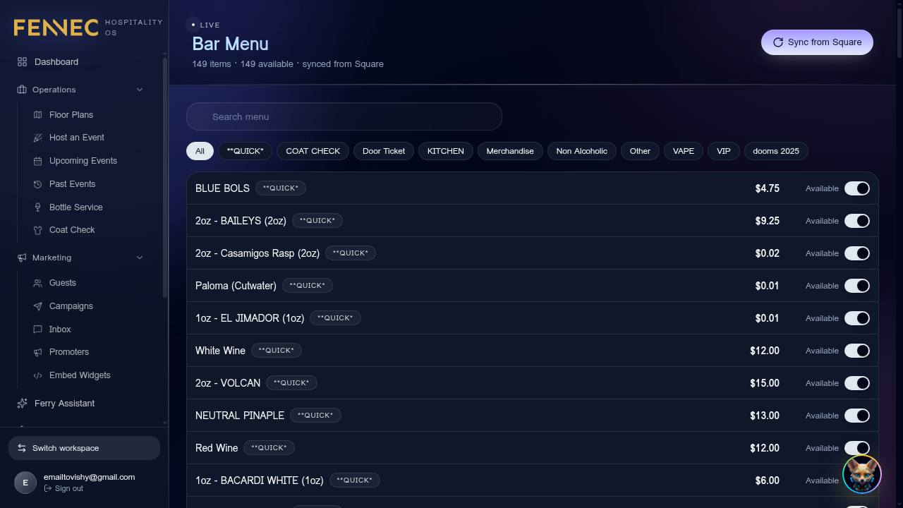 Bar menu & stock — Fennec dashboard screenshot