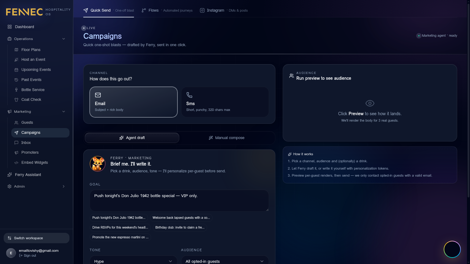 Automations & comms — Fennec dashboard screenshot