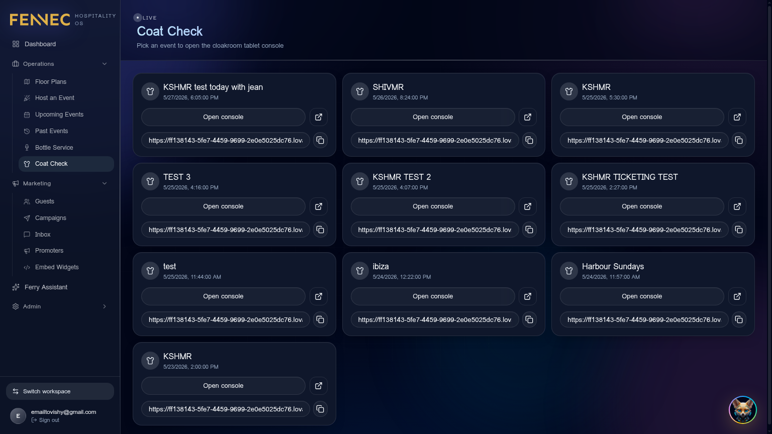 Coat check — Fennec dashboard screenshot