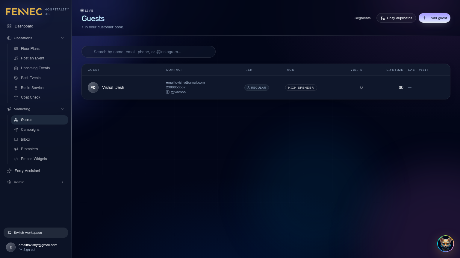 Guest CRM — Fennec dashboard screenshot
