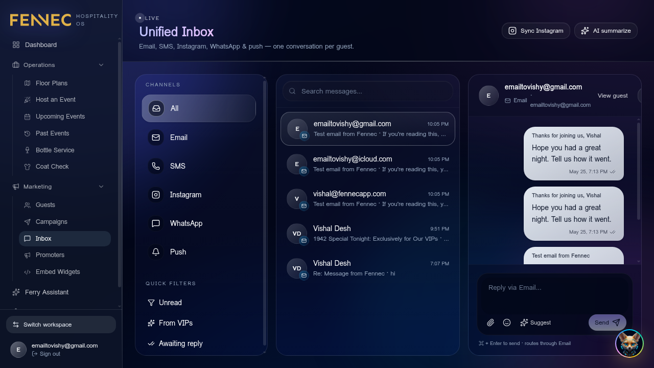 Inbox (unified comms) — Fennec dashboard screenshot