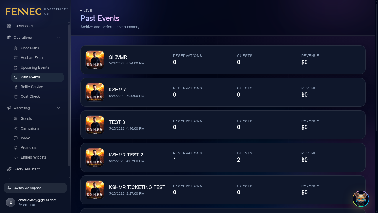 Past events & reports — Fennec dashboard screenshot