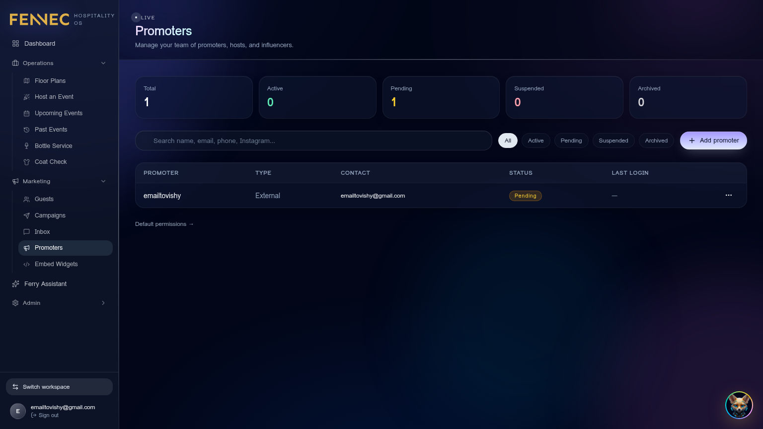 Promoter portal — Fennec dashboard screenshot