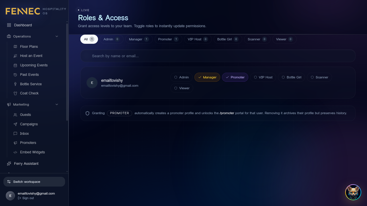 Roles & permissions — Fennec dashboard screenshot