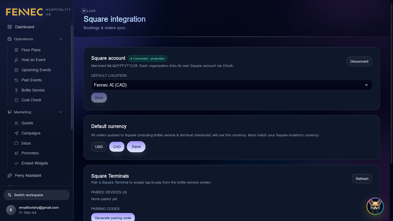 Square integration — Fennec dashboard screenshot