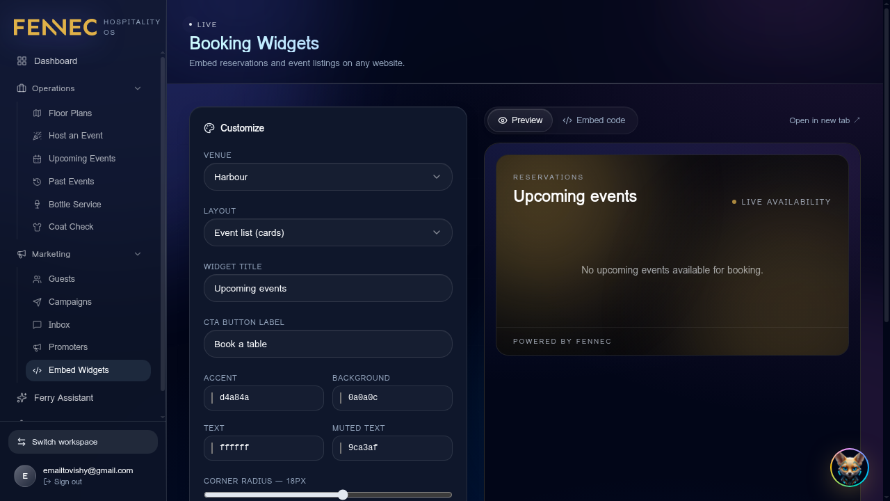Website widgets — Fennec dashboard screenshot